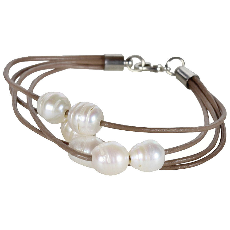 Wit zoetwater parel armband met bruin leer en sterling zilver (925) | Leather Pearl White