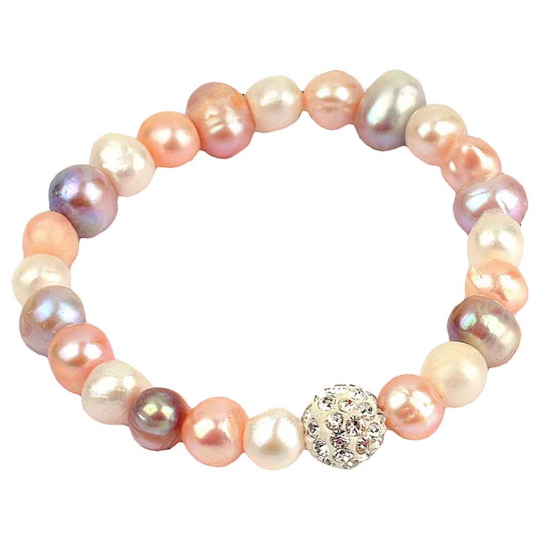 Zoetwater parel armband met wit, zalm, roze parels en stras steentjes, elastisch | Maxima Soft Colors