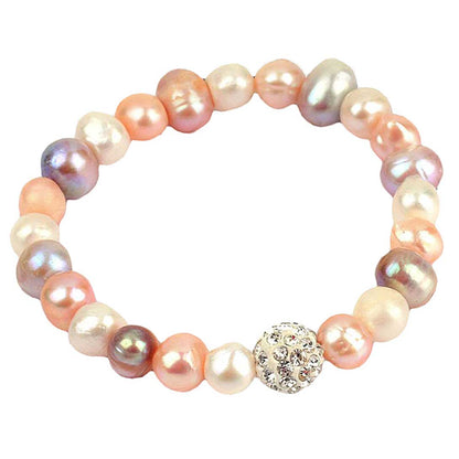 Zoetwater parel armband met wit, zalm, roze parels en stras steentjes, elastisch | Maxima Soft Colors