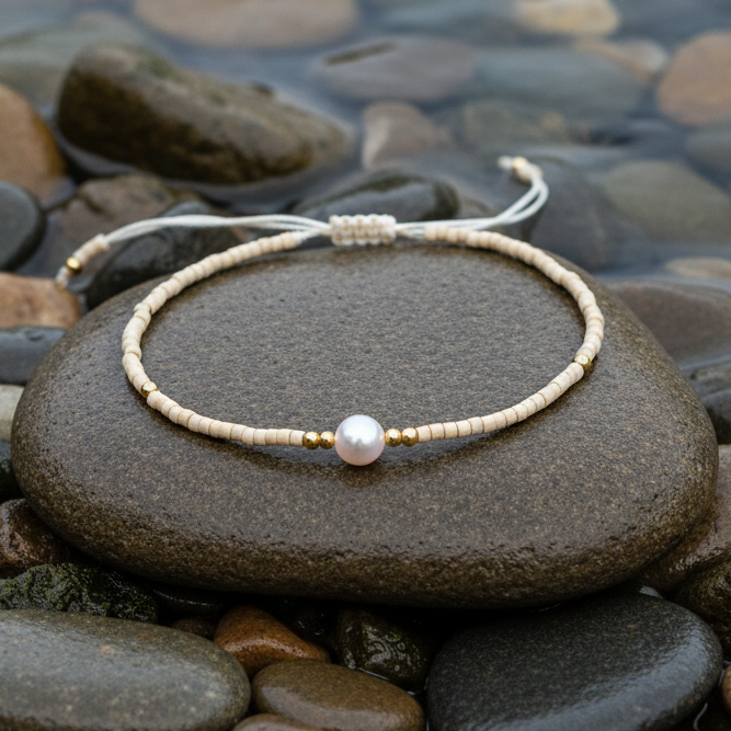Wit zoetwater parel armbandje met creme kleurige kraaltje liggend op steen in water | Mini Pearl One Wheat Color