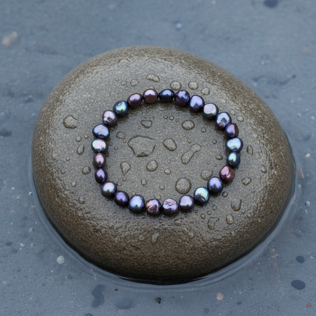 Zoetwater parel armband met paars blauwe parels, elastisch liggend op steen | set Peaca