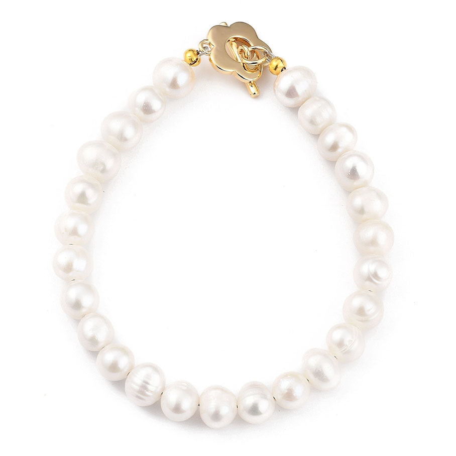 Wit zoetwater parel armband met gouden bloem slotje | Pearl Golden Flower