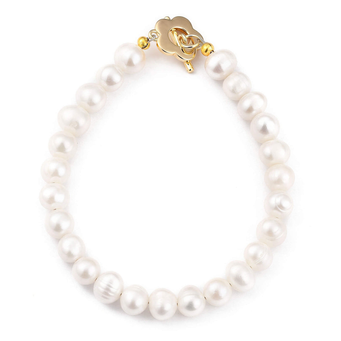 Wit zoetwater parel armband met gouden bloem slotje | Pearl Golden Flower