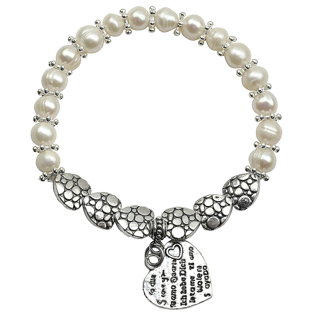 Wit zoetwater parel armband met zilveren hartjes, elastisch | Pearl Hearts