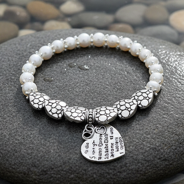 Wit zoetwater parel armband met zilveren hartjes liggend op natte steen, elastisch | Pearl Hearts