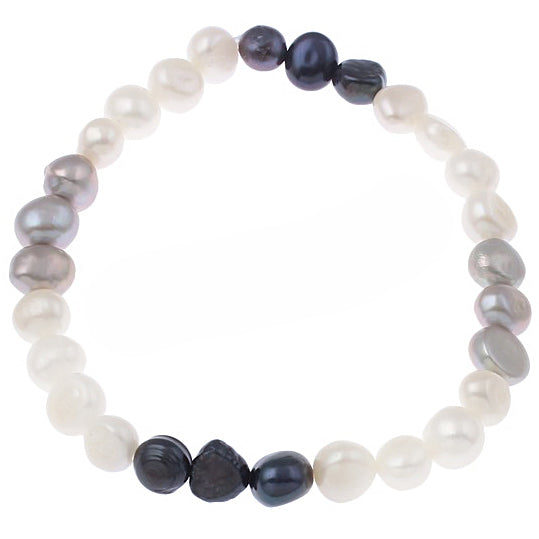 Zoetwater parel armband met witte, grijze en blauwe parels, elastisch | Pearl Trio White Grey Blue