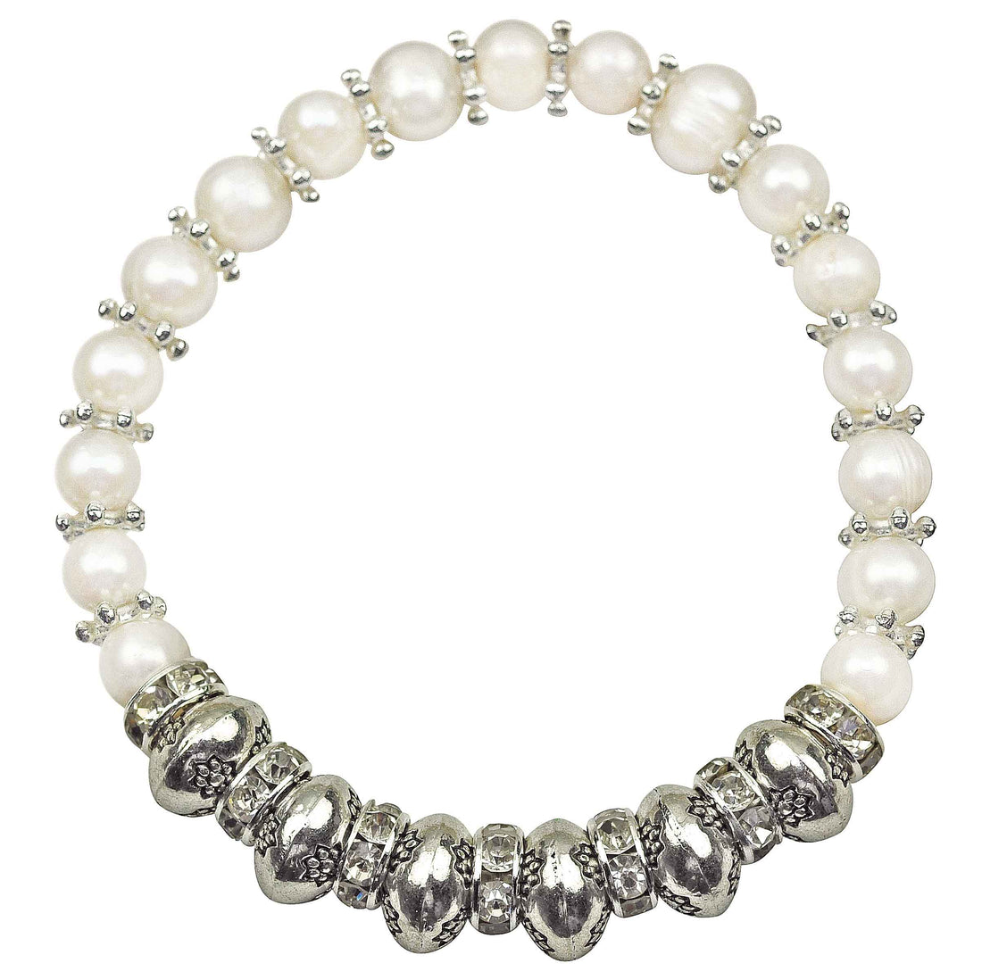 Wit zoetwater parel armband met stras steentjes, elastisch | Pearl King Small