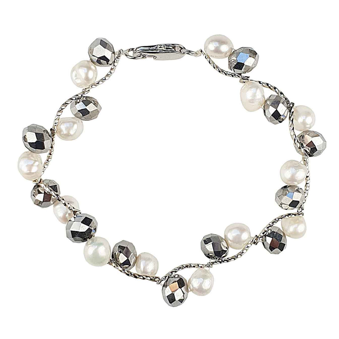Wit zoetwater parel armband met zilver facet geslepen kristallen | Silana