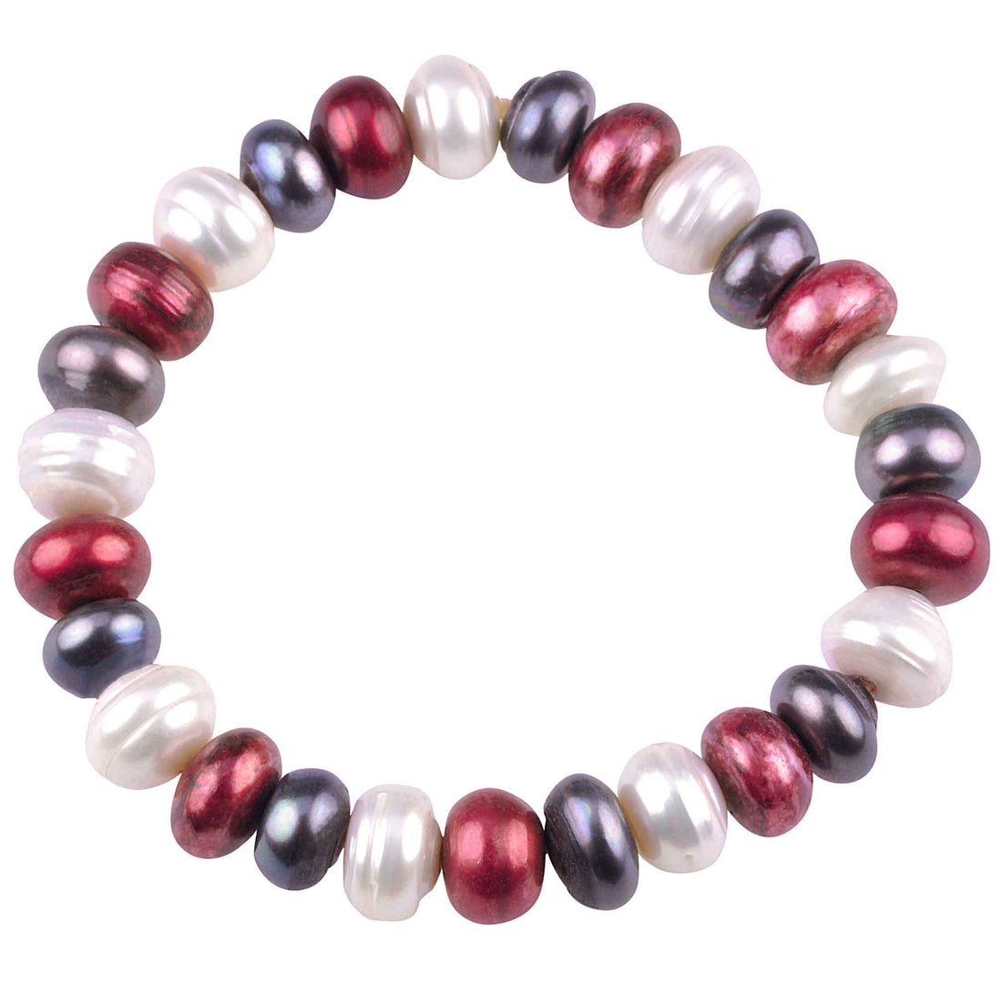 Zoetwater parel armband met witte, rode en grijze parels, elastisch | Tricolor Dark