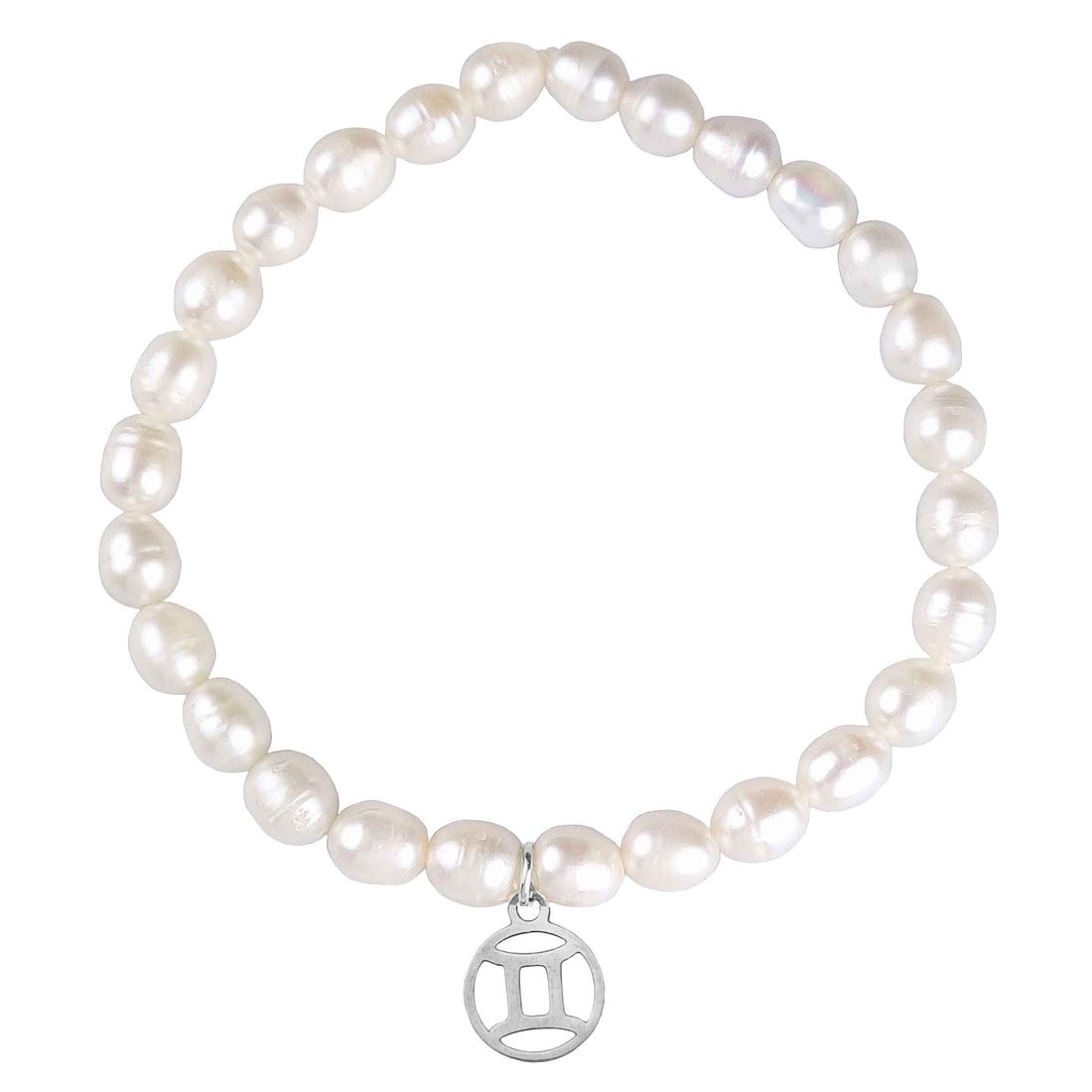 Wit zoetwater parel armband met zilver edelstalen symbool van sterrenbeeld Tweeling | Zilveren Sterrenbeeld Tweeling