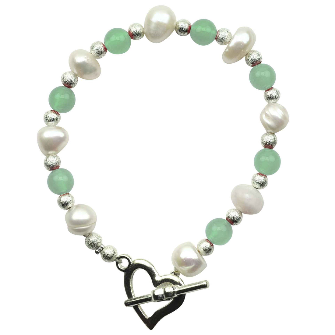 Wit zoetwater parel armband met groene aventurine stenen en een zilveren hartje als sluiting | Pearl Heart Green Aventurine