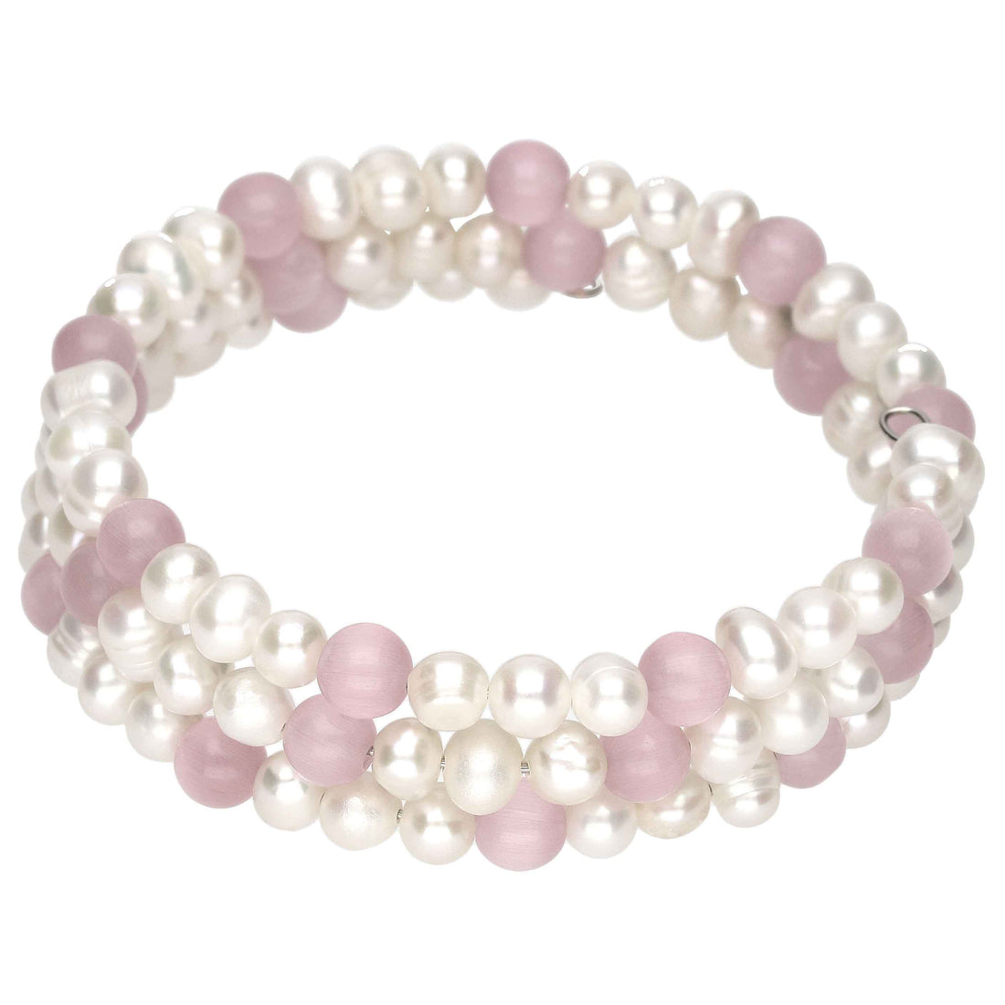 Wit zoetwater parel wikkelarmband met roze edelsteen kattenoog | Pearl Pink Cat&