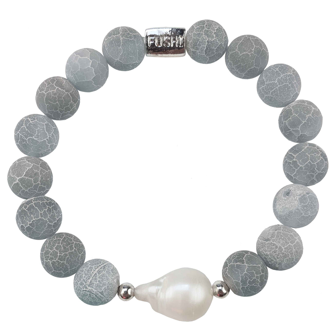 Zoetwater parel armband met witte parel en grijze edelsteen agaat, elastisch | Frozen Grey Agate White Pearl