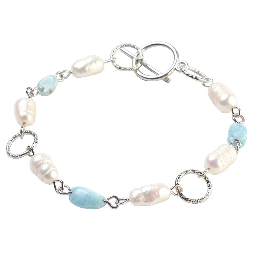 Wit zoetwater parel armband met larimar en edelstaal | Lalita Larimar
