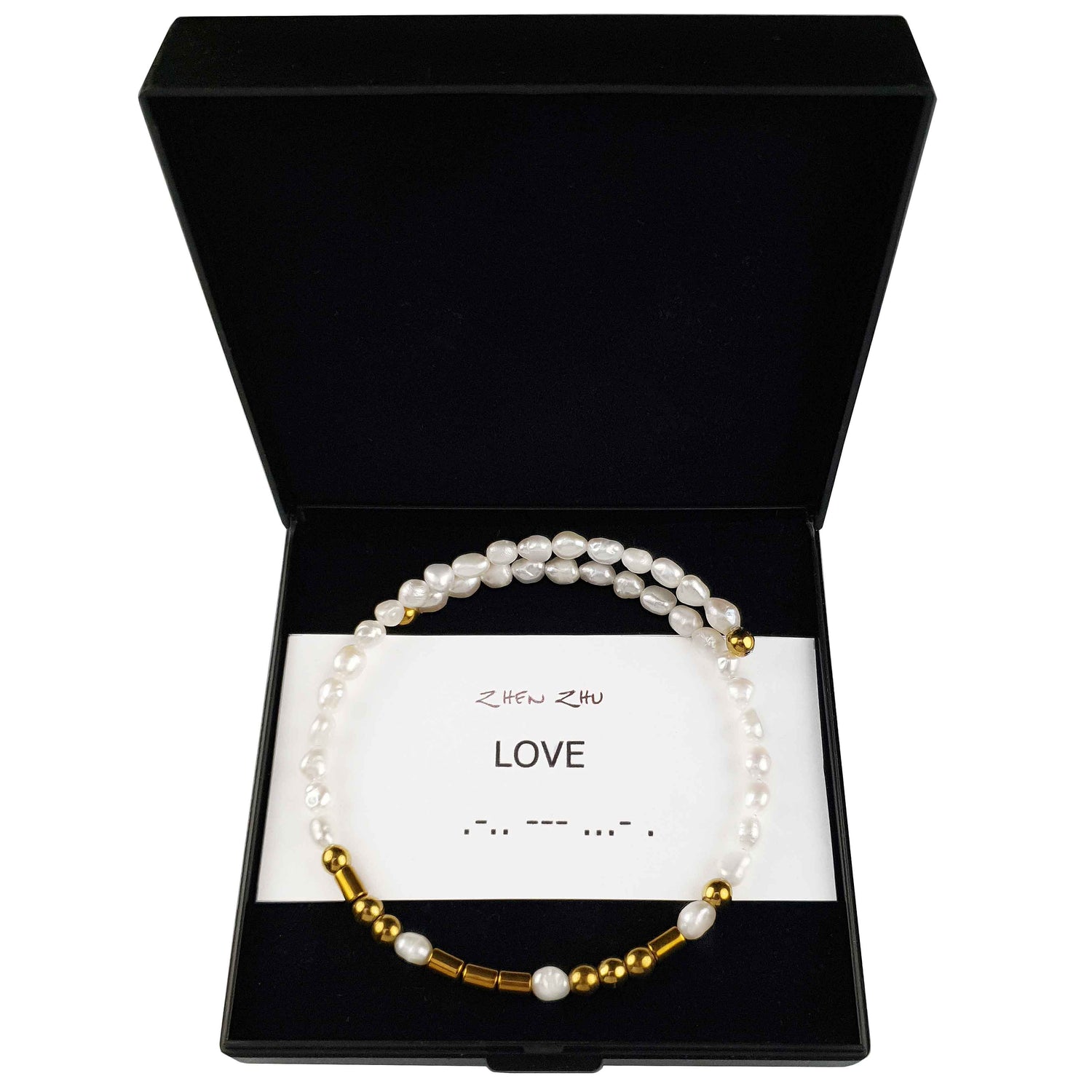 Wit zoetwater parel wikkelarmband met verborgen boodschap LOVE in Morse code met edelsteen goud hematiet in sieraden doosje | Cadeau set zoetwater parel armband Morse Code LOVE Pearl Gold