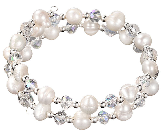 Zoetwater parel wikkel armband met witte parels en helder glas kristallen | Wrap Pearl White Crystal