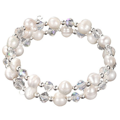 Zoetwater parel wikkel armband met witte parels en helder glas kristallen | Wrap Pearl White Crystal