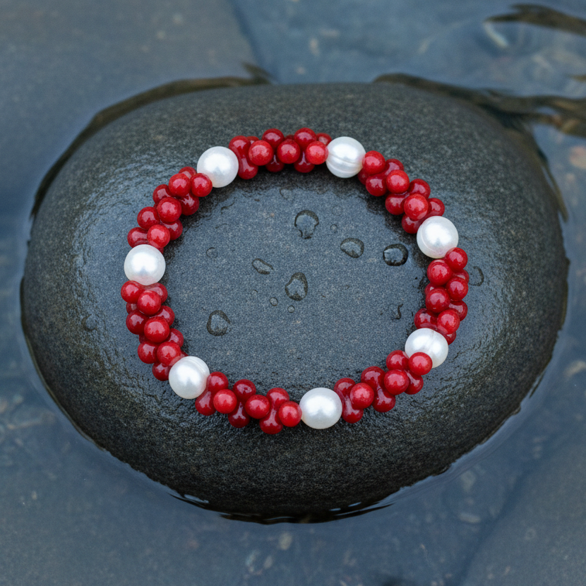 Wit zoetwater parel armband met rood koraal liggend op steen in water | Coral Pearl