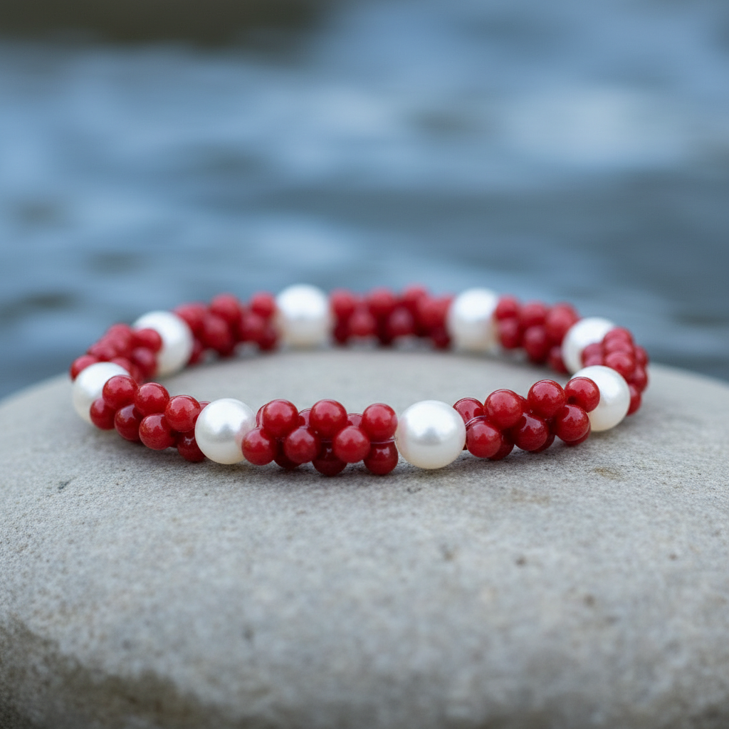 Wit zoetwater parel armband met rood koraal liggend op steen inw ater close up | Coral Pearl