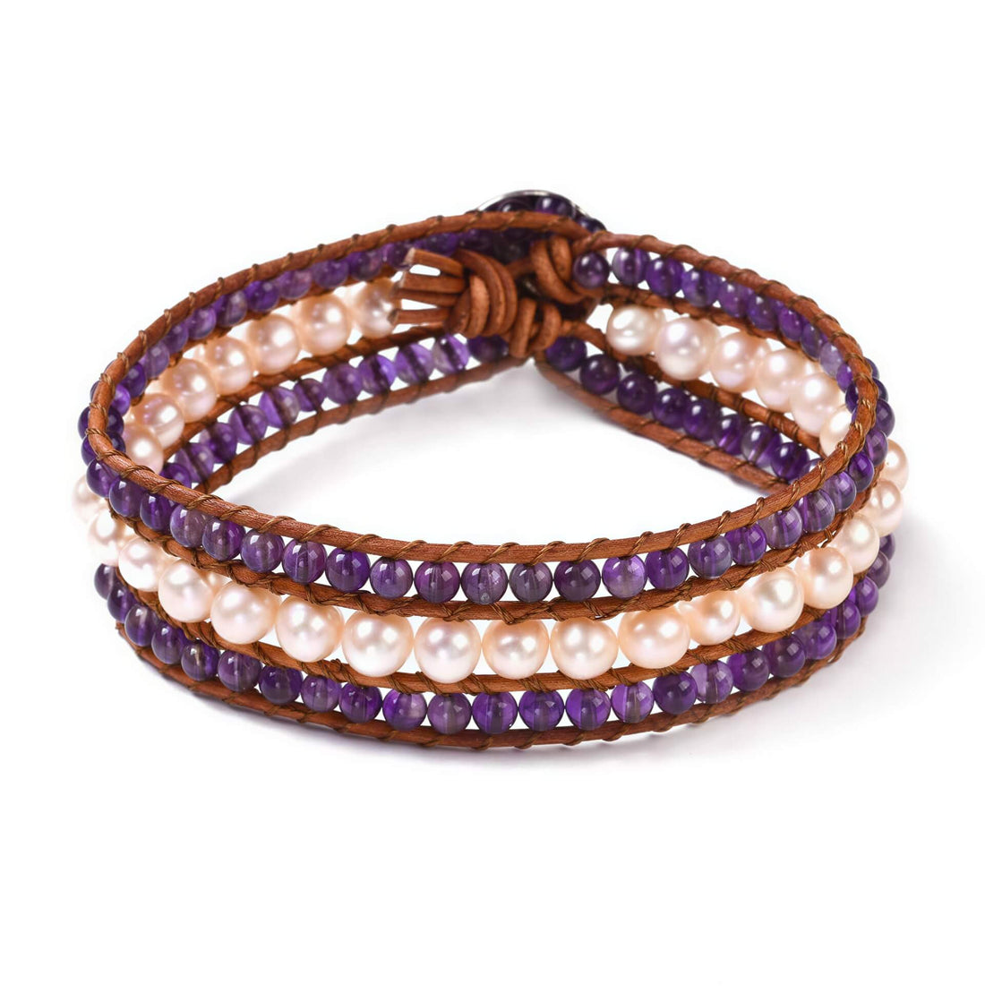 Zoetwater parel armband met zalm kleurige parels, amethist en bruin leer | Parel armband Kalla