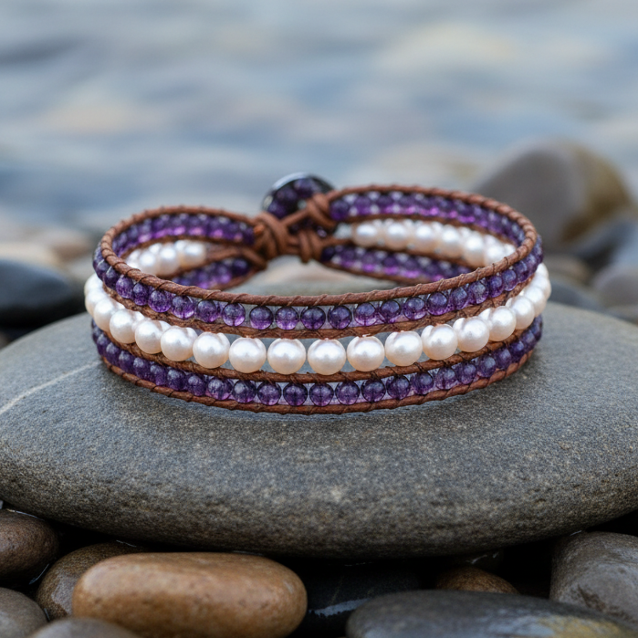 Zoetwater parel armband met zalm kleurige parels, amethist en bruin leer liggend op steen | Parel armband Kalla