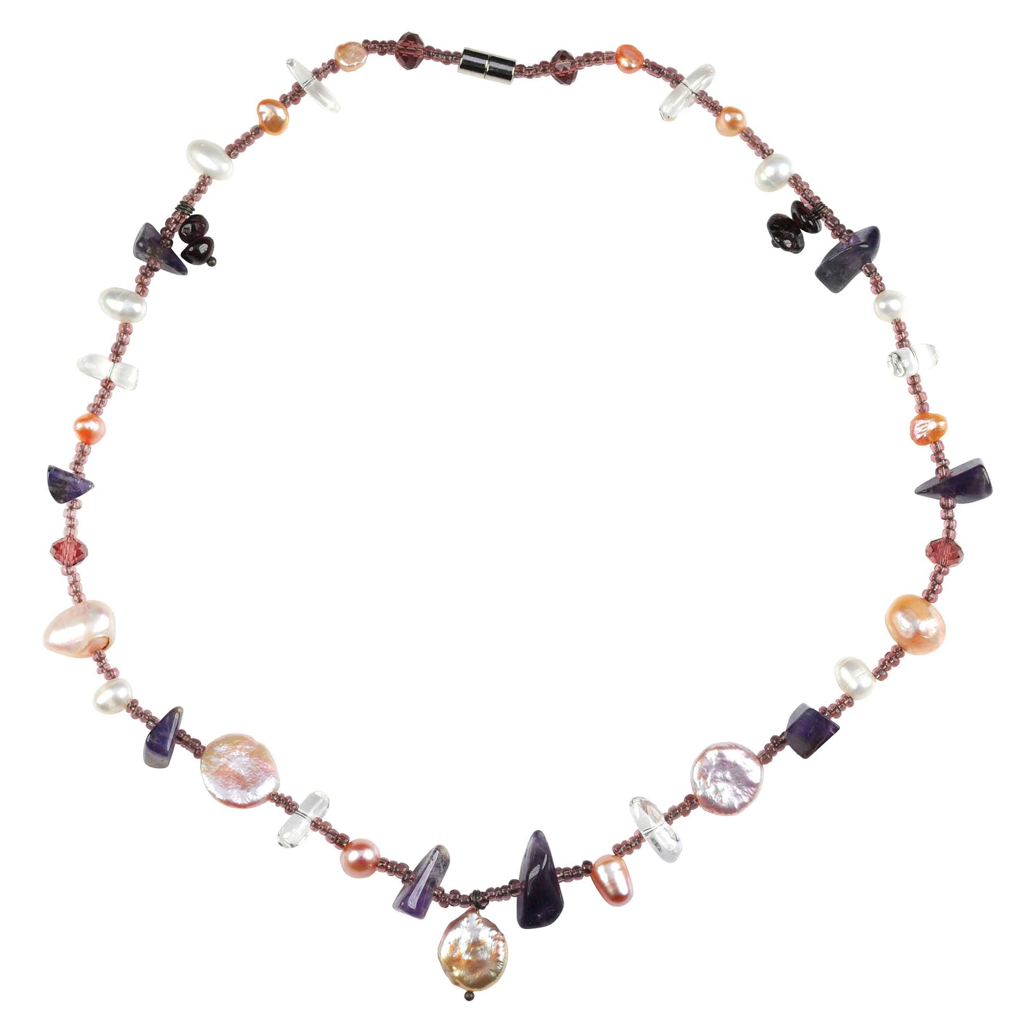 Zoetwater parelketting met witte en zalm kleurige parels, amethist, bergkristal en magneetslotje | Fine