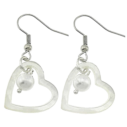 Witte zoetwater parel oorbellen met witte parel en parelmoer hart en sterling zilver (925) | Pearl Heart Shell