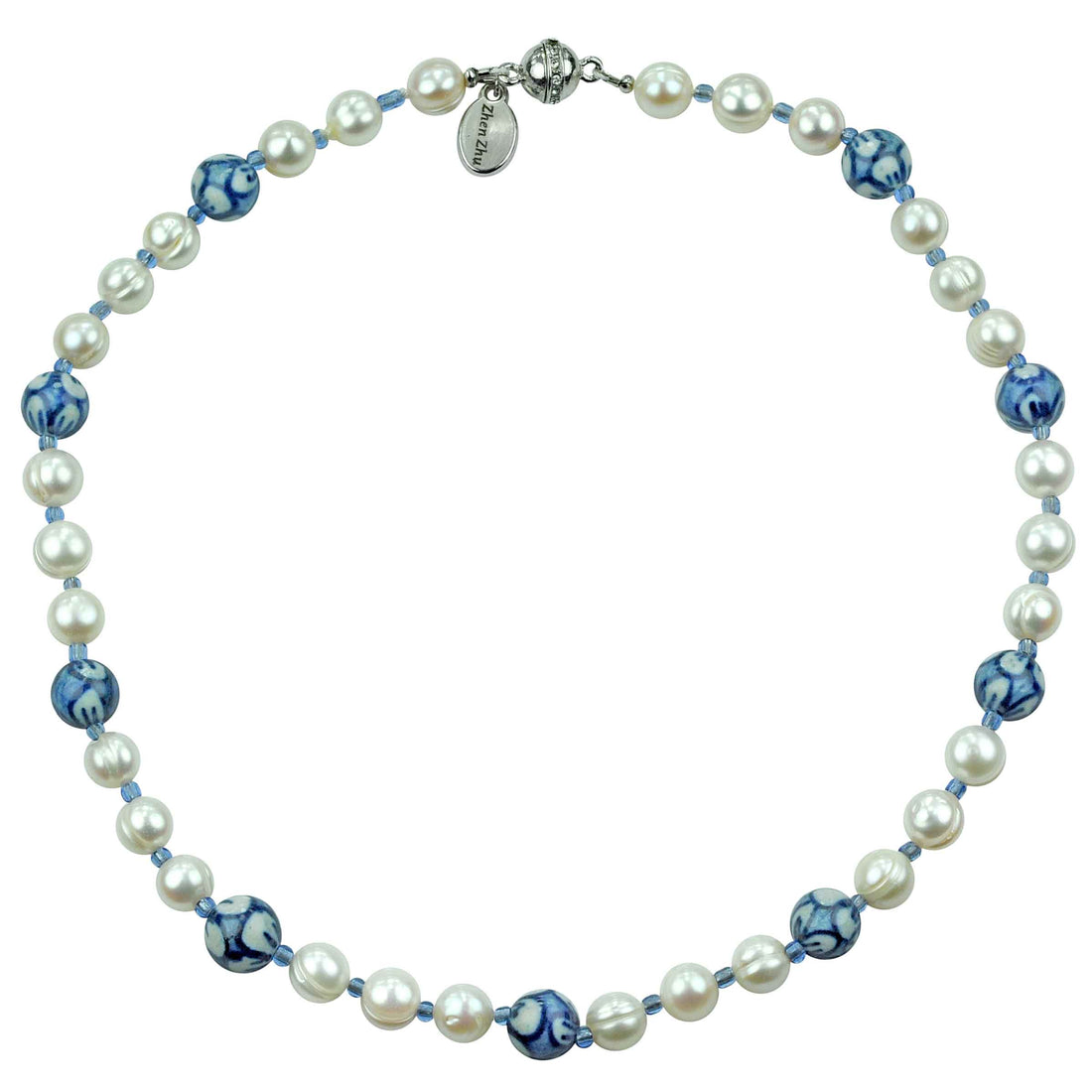 Zoetwater parelketting met witte parels, kralen met Delfts blauw motief en magneetslotje | Hollands Glorie Round Flower White