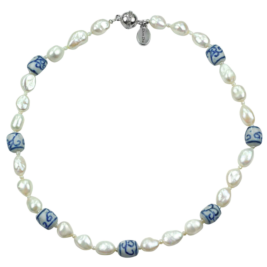 Zoetwater parelketting met witte parels, kralen met Delfts blauw motief en magneetslotje | Hollands Glorie Spiral White