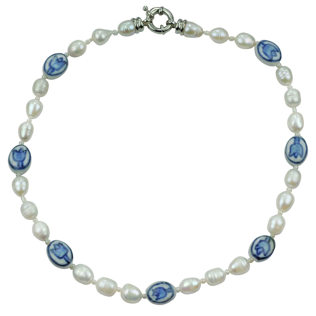 Zoetwater parelketting met witte parels en kralen met Delfts blauw motief | Hollands Glorie Tulp Wit
