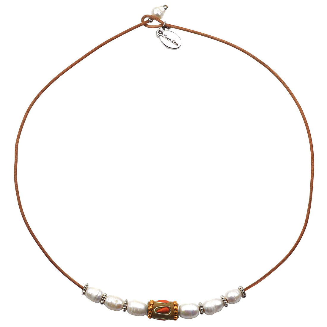 Zoetwater parelketting met echte parels en leer | Parelketting Ibiza Orange