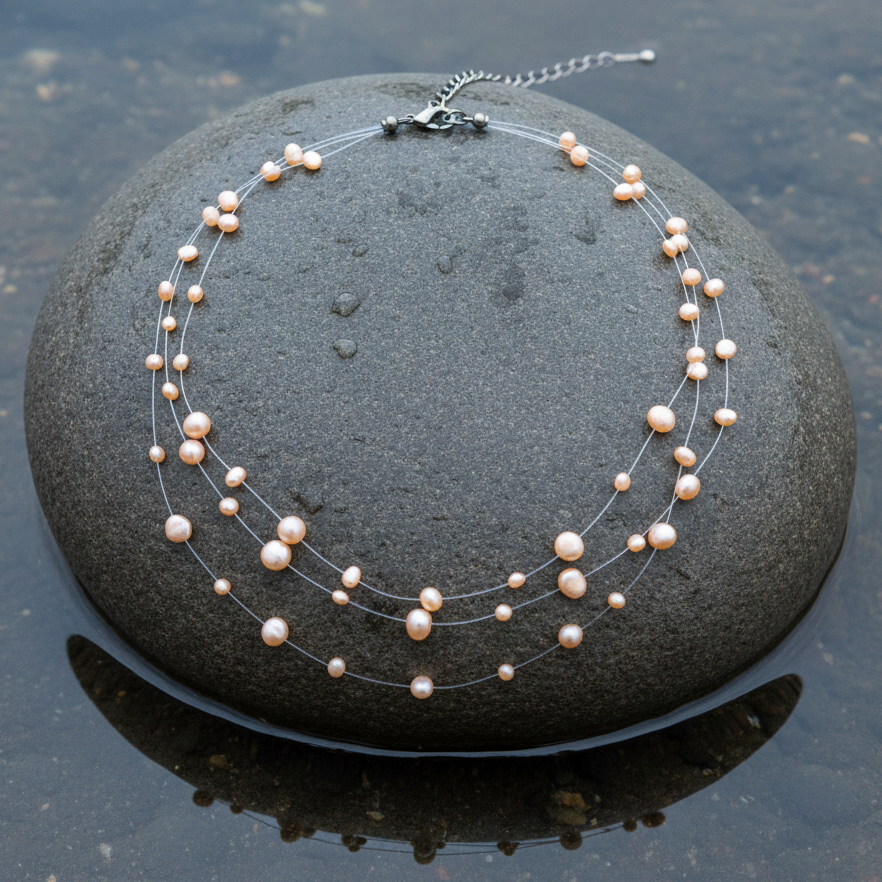 Zoetwater parelketting met zalm kleurige parels in 3 rijen en sterling zilveren slotje (925) liggend op steen in water | Jill Z