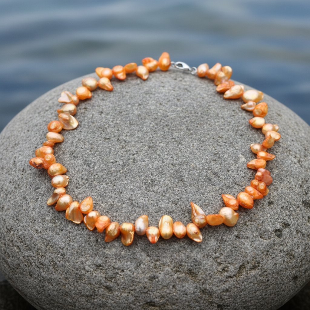 Zoetwater parelketting met oranje parels en sterling zilver (925) liggend op steen | Zaza