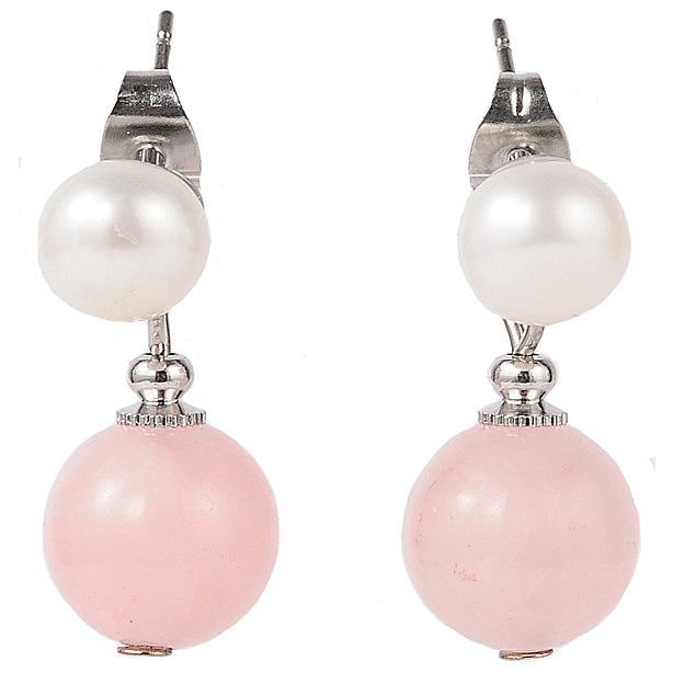 Zoetwater parel oorbellen met witte parel met rozenkwarts | Pearl Stud Rose Quartz