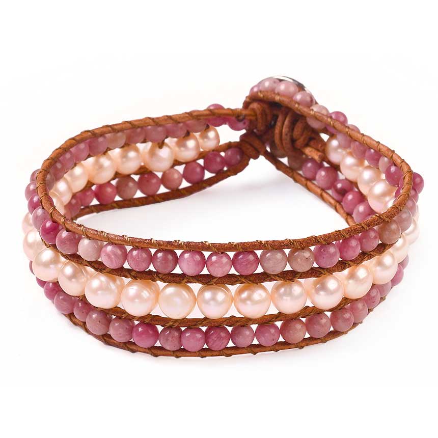 Zoetwater parel armband met rhodochrosiet en zalm kleurige parels | Parel armband Kallie