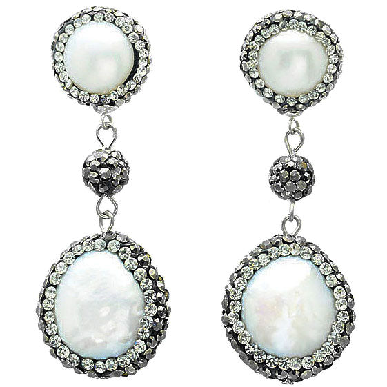 Lange zoetwater parel oorbellen met witte parels en stras steentjes en sterling zilver (925) | Bright Pearl Dangling Coin