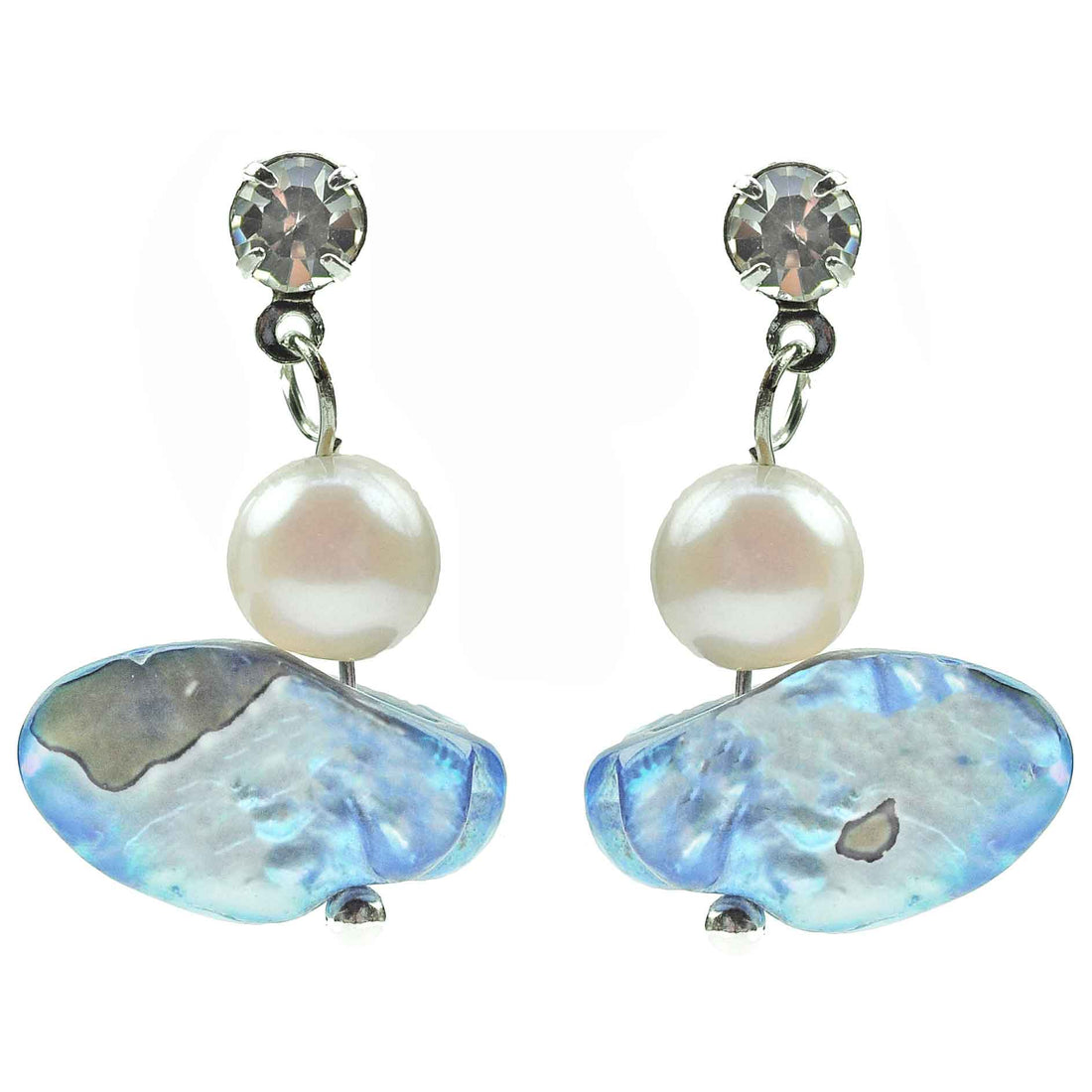 Zoetwater parel oorbellen met witte en blauwe parelS en stras steentje | Bling Blue Wing Pearl 