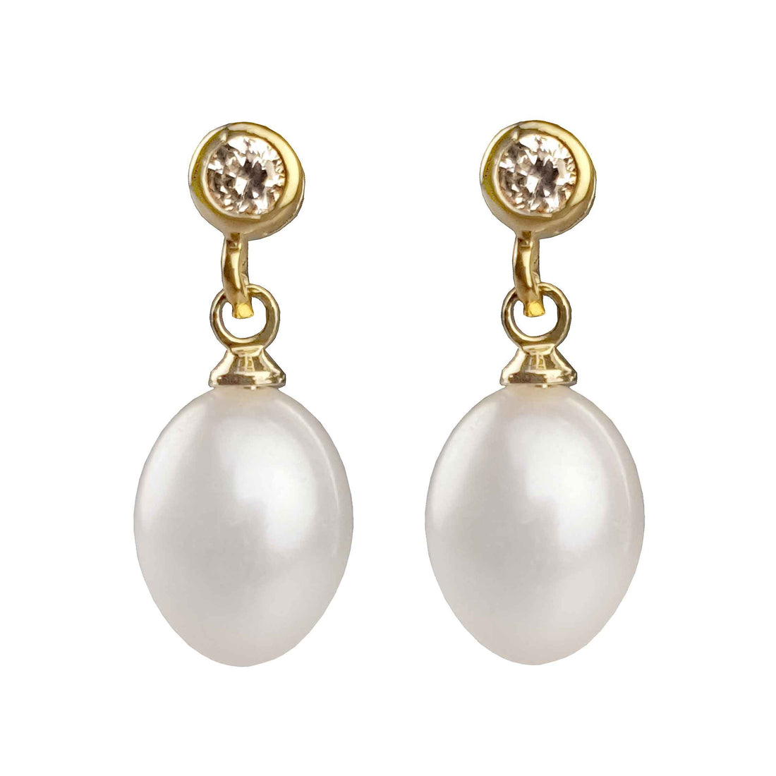 Witte zoetwater parel oorbellen met stras steentje, parel oorknopjes | Bling Gold White Pearl