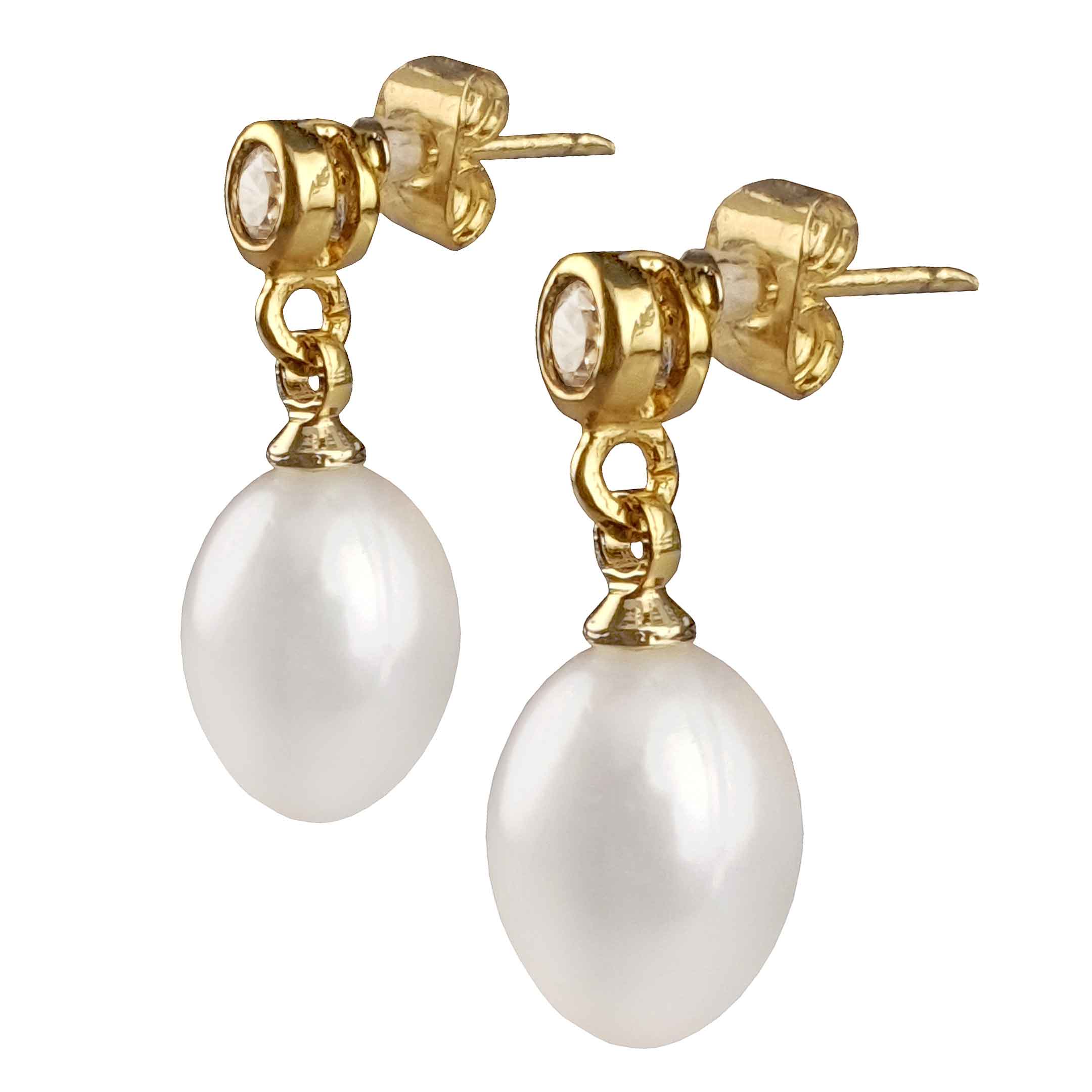 Witte zoetwater parel oorbellen met stras steentje, parel oorknopjes, zijaanzicht | Bling Gold White Pearl