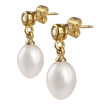 Witte zoetwater parel oorbellen met stras steentje, parel oorknopjes, zijaanzicht | Bling Gold White Pearl