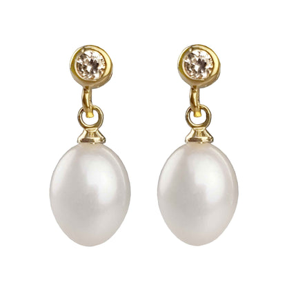 Witte zoetwater parel oorbellen met stras steentje, parel oorknopjes | Bling Gold White Pearl