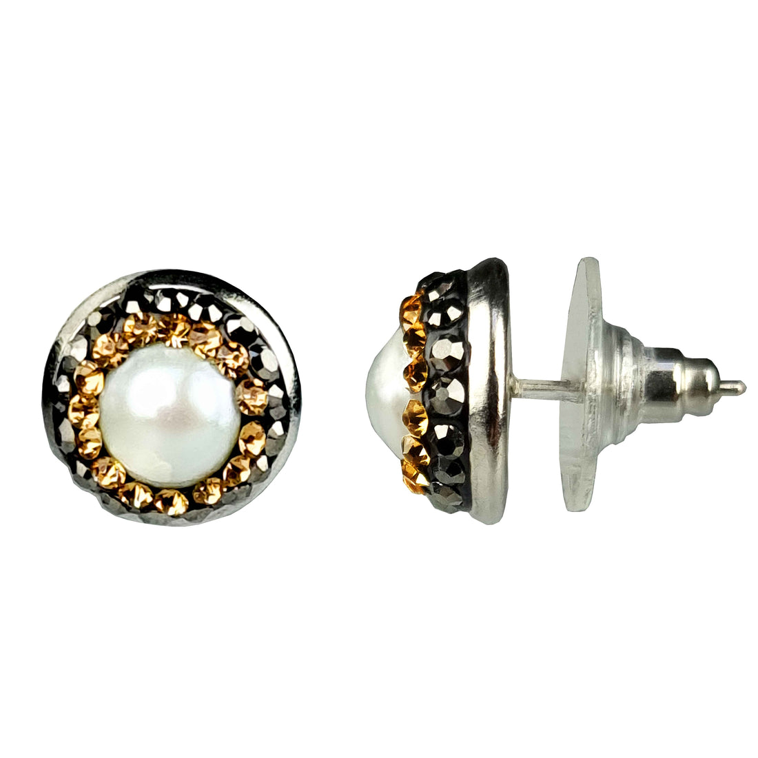 Witte zoetwater parel oorknopjes met stras steentjes | Bright Pearl Gold Small