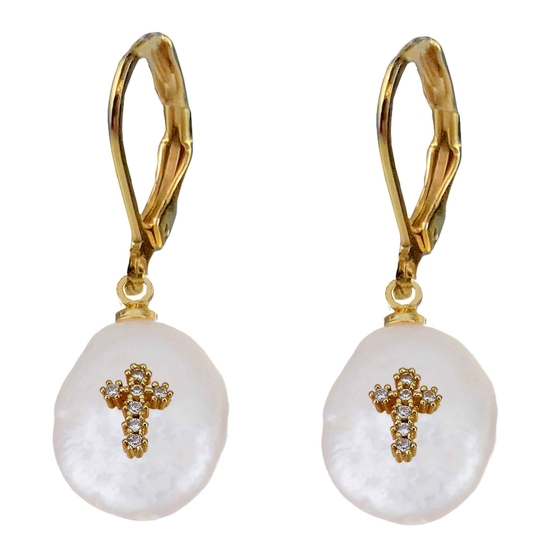 Witte zoetwater parel oorbellen met goud edelstaal en parel hanger is voorzien van stras steentjes in een kruis | Coin Pearl Golden Cross