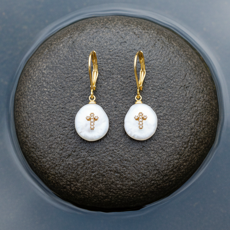 Witte zoetwater parel oorbellen met goud edelstaal en parel hanger is voorzien van stras steentjes in een kruis liggend op steen | Coin Pearl Golden Cross