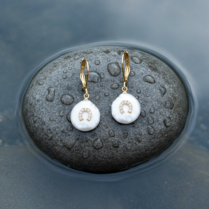 Witte zoetwater parel oorbellen met goud edelstaal en parel hanger is voorzien van stras steentjes in een hoefijzer liggend op steen | Coin Pearl Good Luck