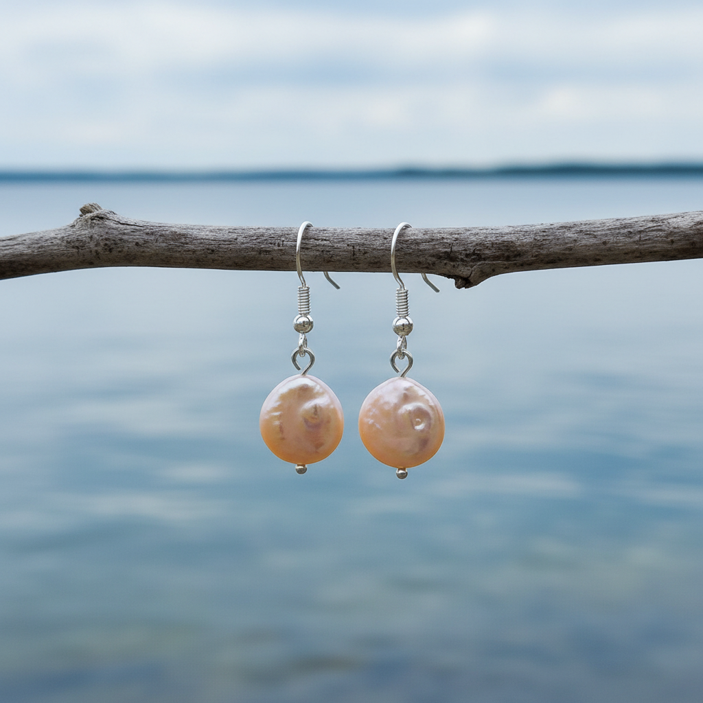 Zoetwater parel oorbellen met zalm kleurige parels en sterling zilver (925) hangend aan takje | Colly Peach