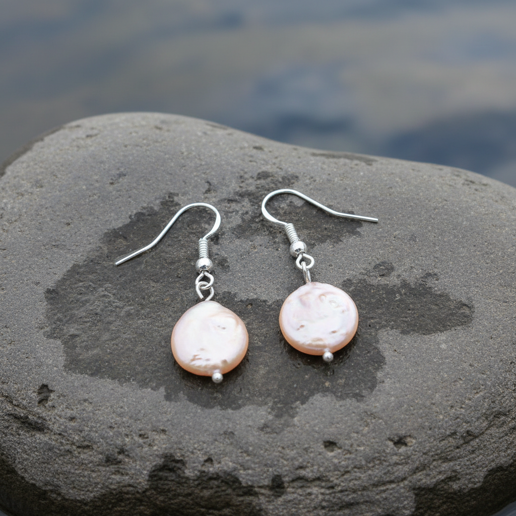 Zoetwater parel oorbellen met zalm kleurige parels en sterling zilver (925) liggend op natte steen | Colly Peach