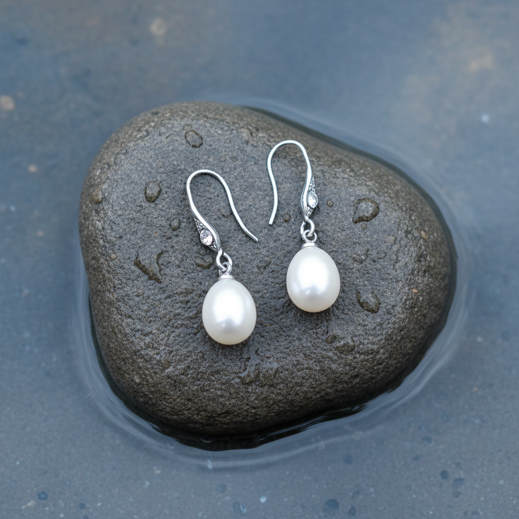 Witte zoetwater parel oorbellen met stras steentje liggend op natte steen | Ely