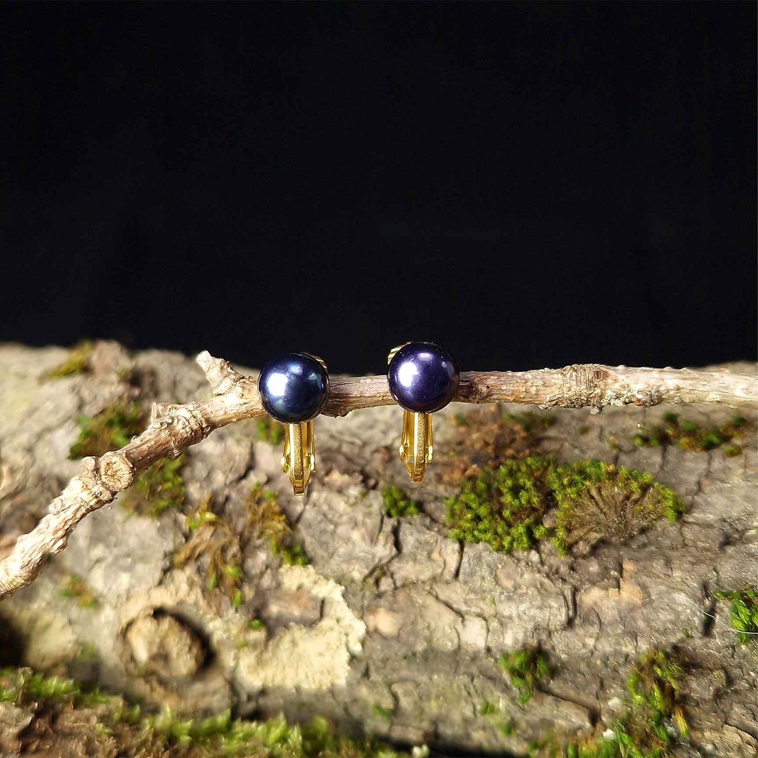 Zoetwater parel clips oorbellen met blauw zwarte parel en goud edelstaal hangend aan tak | Gold Black Clip Pearl 8 mm