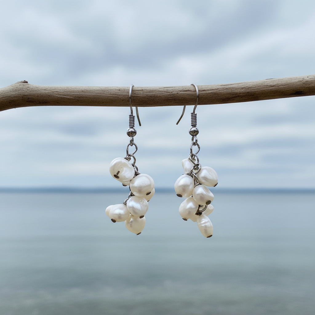 Zoetwater parel oorbellen met witte parels en sterling zilver (925) hangend aan takje | Josefine